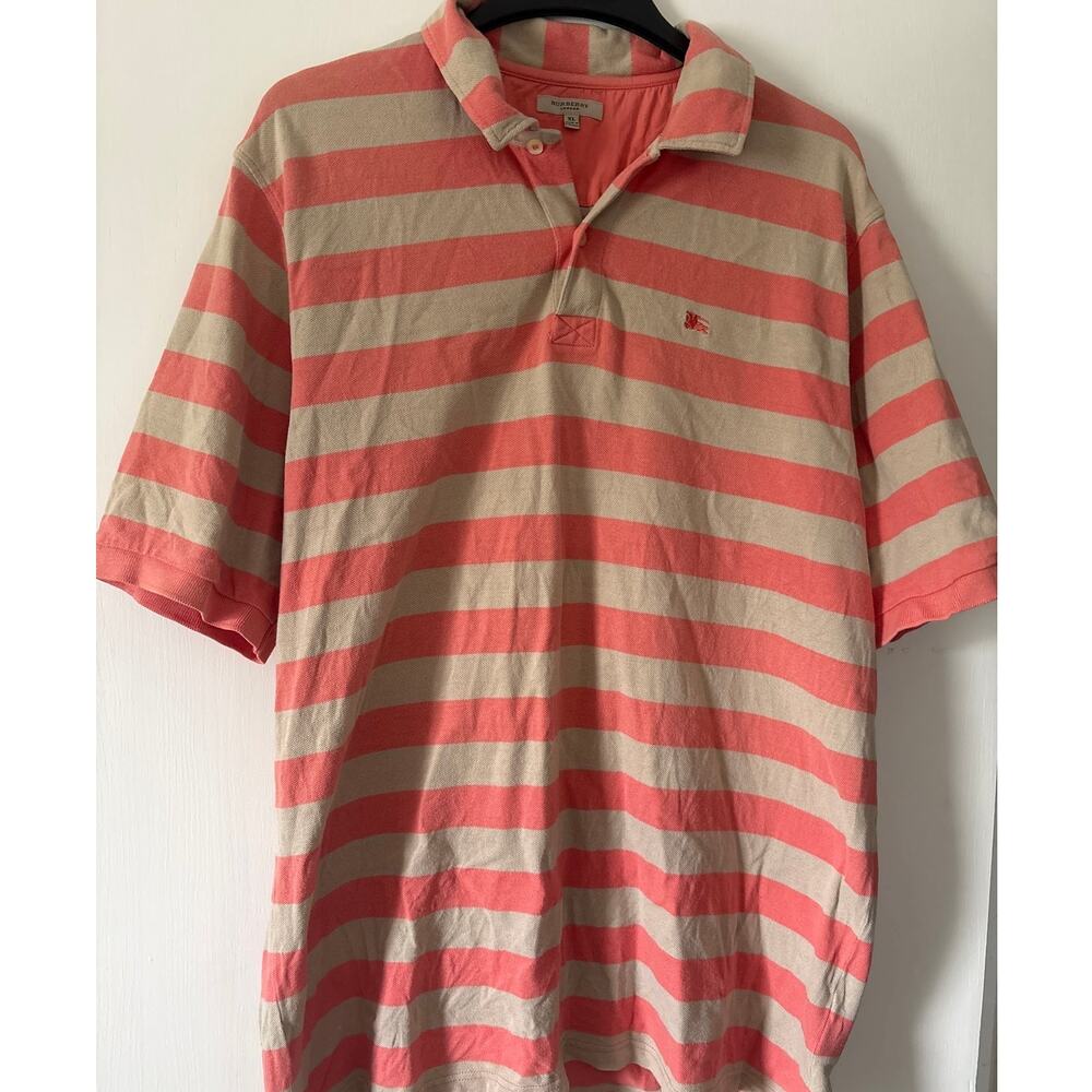 Burberry London Beige Candy Pink Striped Polo Shirt Size XL Embroidered Knight